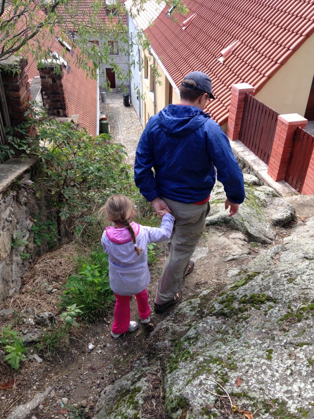 Climbing down rough paths back into the old town